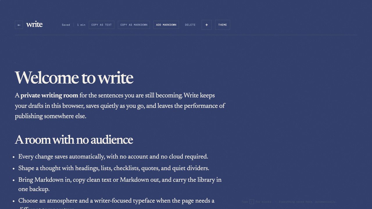 The early editor as a separate destination: calm on its own, but disconnected from the library behind it.